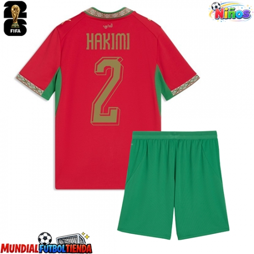 Camiseta Marruecos Achraf Hakimi #2 Primera Equipación Replica Mundial 2026 para niños mangas cortas (+ Pantalones cortos)